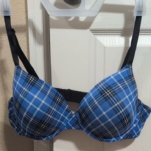 Blue and Black Plaid Underwire Bra with Molded Cups
